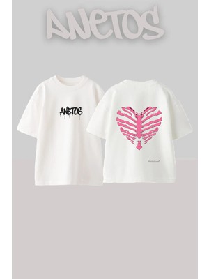 Anetos Ribcage Heart Tasarım Sırt Baskılı Pamuk Beyaz Oversize T-Shirt