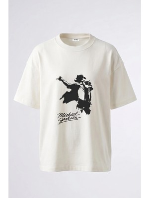 Anetos Michael Jackson_4 Tasarım Sırt Baskılı Pamuk Beyaz Oversize T-Shirt