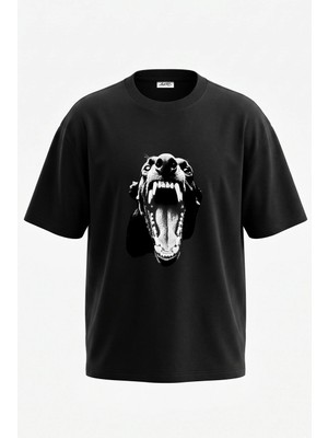 Anetos Doberman Agiz Tasarım Sırt Baskılı Pamuk Siyah Oversize T-Shirt