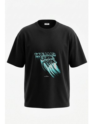Anetos Dreams Come True Glitch Tasarım Sırt Baskılı Pamuk Siyah Oversize T-Shirt