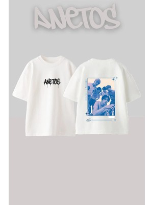 Anetos Txt Band Tasarım Sırt Baskılı Pamuk Beyaz Oversize T-Shirt
