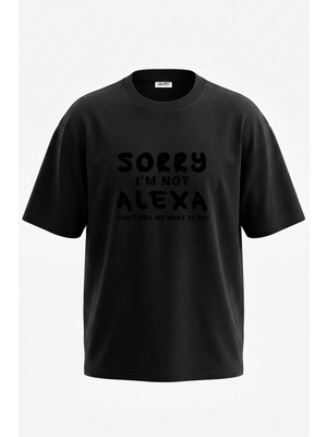 Anetos Alexa Slogan Tasarım Sırt Baskılı Pamuk Siyah Oversize T-Shirt