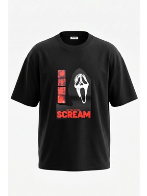 Anetos Ghostface_1 Tasarım Sırt Baskılı Pamuk Siyah Oversize T-Shirt