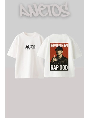 Anetos Eminem Rap Tasarım Sırt Baskılı Pamuk Beyaz Oversize T-Shirt