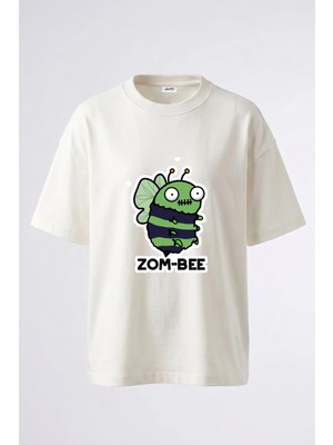 Anetos Zom Bee Tasarım Sırt Baskılı Pamuk Beyaz Oversize T-Shirt