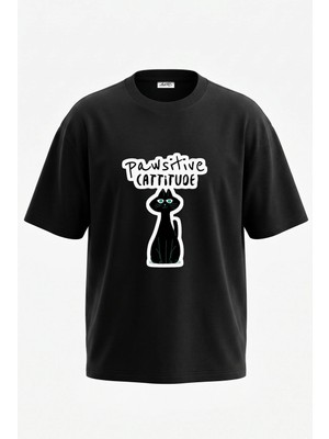 Anetos Pawsitive Cattitude Tasarım Sırt Baskılı Pamuk Siyah Oversize T-Shirt