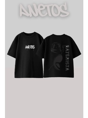 Anetos Baterista Tasarım Sırt Baskılı Pamuk Siyah Oversize T-Shirt