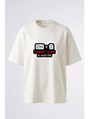 Anetos Ctrl Z Tasarım Sırt Baskılı Pamuk Beyaz Oversize T-Shirt