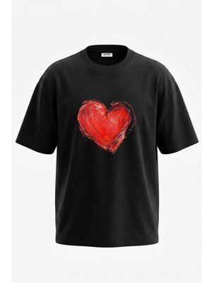Anetos Kirmizi Boyali Kalp Tasarım Sırt Baskılı Pamuk Siyah Oversize T-Shirt
