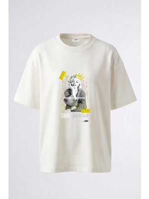 Anetos Marilyn Monroe Tasarım Sırt Baskılı Pamuk Beyaz Oversize T-Shirt