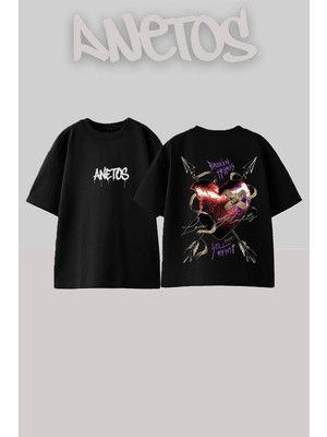 Anetos Broken Heart Tasarım Sırt Baskılı Pamuk Siyah Oversize T-Shirt
