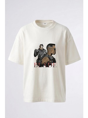 Anetos Blade Tasarım Sırt Baskılı Pamuk Beyaz Oversize T-Shirt