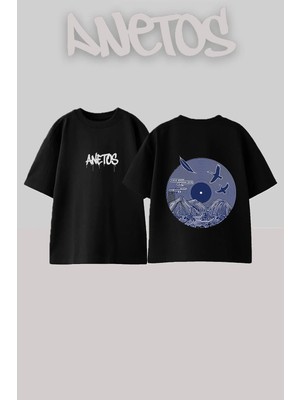Anetos Flying Geese Tasarım Sırt Baskılı Pamuk Siyah Oversize T-Shirt