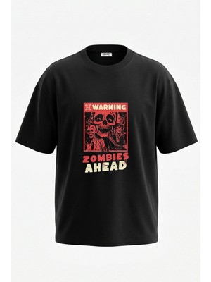 Anetos Zombi Kuru Kafa Tasarım Sırt Baskılı Pamuk Siyah Oversize T-Shirt