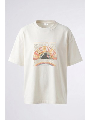 Anetos Wave Beach Tasarım Sırt Baskılı Pamuk Beyaz Oversize T-Shirt