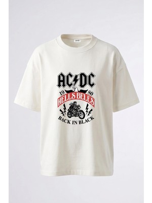 Anetos Acdc Biker Tasarım Sırt Baskılı Pamuk Beyaz Oversize T-Shirt