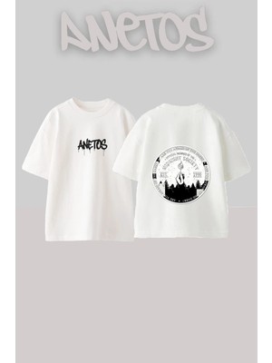 Anetos Midnight Society Tasarım Sırt Baskılı Pamuk Beyaz Oversize T-Shirt