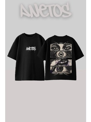 Anetos Lowest Points Tasarım Sırt Baskılı Pamuk Siyah Oversize T-Shirt