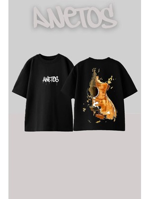 Anetos Abstract Guitar Tasarım Sırt Baskılı Pamuk Siyah Oversize T-Shirt