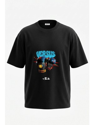 Anetos Boks Eldiveni Grafiti Tasarım Sırt Baskılı Pamuk Siyah Oversize T-Shirt