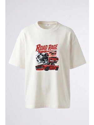 Anetos Road Rage Tasarım Sırt Baskılı Pamuk Beyaz Oversize T-Shirt