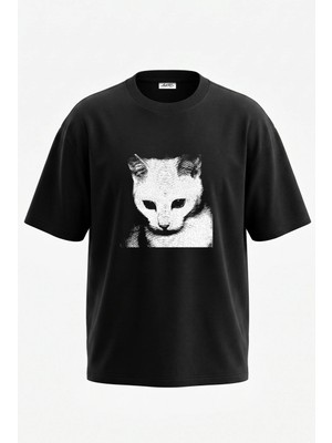 Anetos Cat Face Tasarım Sırt Baskılı Pamuk Siyah Oversize T-Shirt