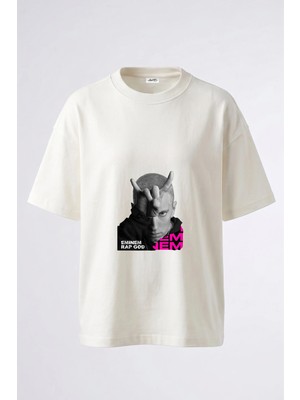 Anetos Eminem Rap God Tasarım Sırt Baskılı Pamuk Beyaz Oversize T-Shirt