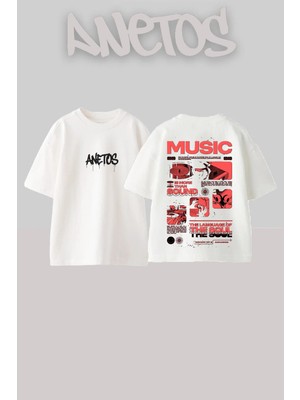 Anetos Music Art Tasarım Sırt Baskılı Pamuk Beyaz Oversize T-Shirt