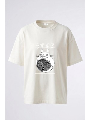 Anetos Totoro Uzumaki Tasarım Sırt Baskılı Pamuk Beyaz Oversize T-Shirt