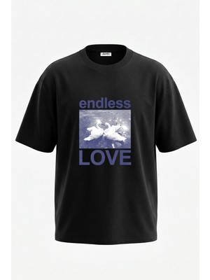 Anetos Endless Love Tasarım Sırt Baskılı Pamuk Siyah Oversize T-Shirt