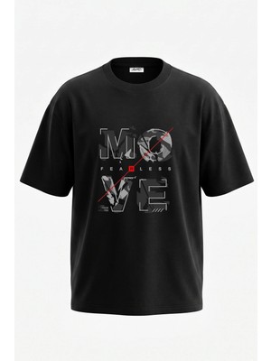 Anetos Move Parcali Tasarım Sırt Baskılı Pamuk Siyah Oversize T-Shirt