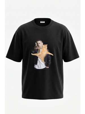 Anetos Eminem Cat Tasarım Sırt Baskılı Pamuk Siyah Oversize T-Shirt