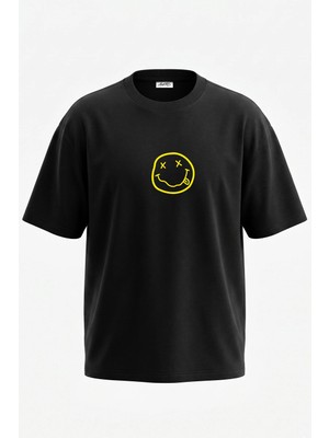 Anetos Nirvana Smiley_3 Tasarım Sırt Baskılı Pamuk Siyah Oversize T-Shirt