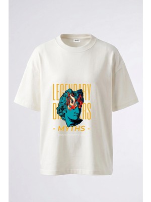 Anetos Klasik Bust Ates Tasarım Sırt Baskılı Pamuk Beyaz Oversize T-Shirt