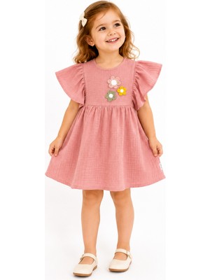 Tucan Kids Kız Çocuk Yazlık Müslin Elbise %100 Pamuk Fırfır Kollu Pembe 1-2-3-4 Yaş