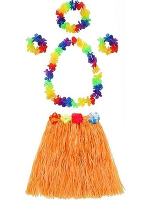 Asil Acar Home Yetişkin ve Çocuk Uyumlu Luau Aloha Hawaii Turuncu Etek ve Renkli Kolye Taç 2 Adet Bileklik Seti