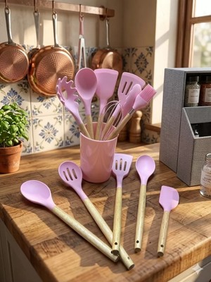 Zenvia Mey Ithalat® 12 Parça Bambu Saplı Silikon Mutfak Gereçleri Seti - Pembe Mutfak Servis Seti