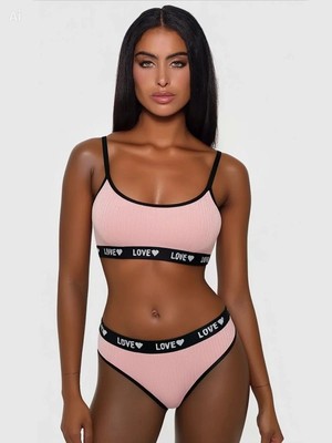 Liyuza Kadın Pembe Love Yazılı Mayo Bikini Şık Esnek Kumaş Plaj Giyim Özel Tasarım
