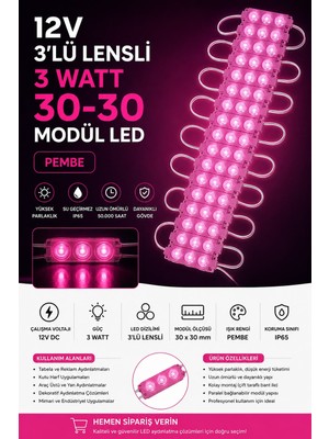 Kuzey Aksesuar 3W Modül LED 3030 12V Mercekli 10 Adet Pembe