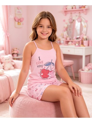 NiCe İç Giyim Kız Çocuk Pembe Renk Kiraz Desen Pamuklu Penye Atlet & Şort Pijama Takım
