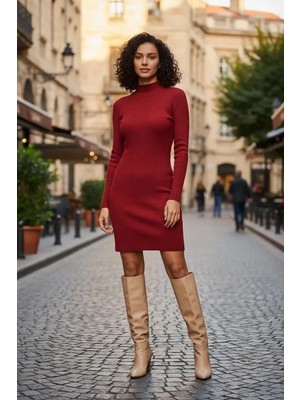 Liyuza Kadın Bordo Kaşkorse Balıkçı Yaka Uzun Kollu Bodycon Mini Elbise Premium Şık Stil