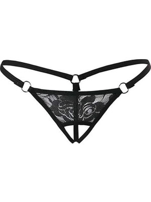 Nemere Kadın Siyah Dantelli Özel Bölgesi Açık G-String BRF1167
