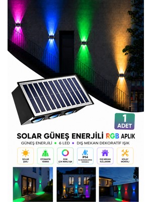Deconitte Güneş Enerjili Rgb Solar Aplik 6 Led, Renkli Işıklı Otomatik Yanan Dış Mekan Duvar Lambası, Bahçe Balkon Teras Aydınlatması(1 Adet)