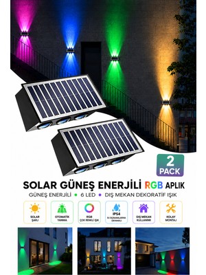 Deconitte 2 Adet Güneş Enerjili Rgb Solar Aplik 6 Led, Renkli Işıklı Otomatik Yanan Dış Mekan Duvar Lambası, Bahçe Balkon Teras Aydınlatması