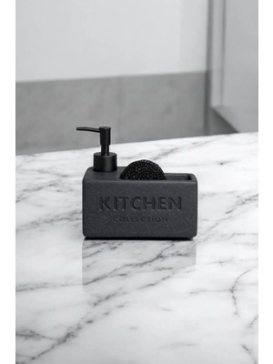 Kitchen Yazılı Beyaz Süngerlikli Sıvı Sabunluk | Mutfak Sabunluk ve Süngerlik Tezgah Düzenleyici