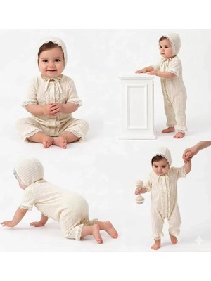 Beruflic 3/12 Ay Şapkalı Dantelli Jakar Kumaş Bebek Tulumu
