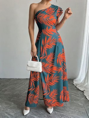 Gökyüzü Moda Kadın Tek Omuzlardan Açık Yırtmaçlı Uzun Desenli Elbise