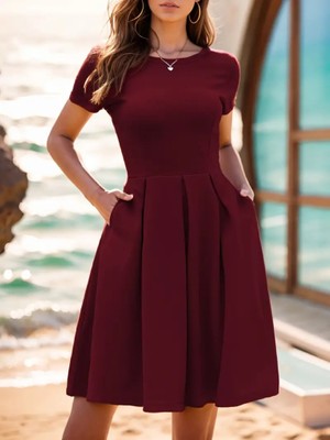 Alyn Wear Kadın Kısa Kollu Bisiklet Yaka Önden Pile Detaylı Janjan Krep Elbise