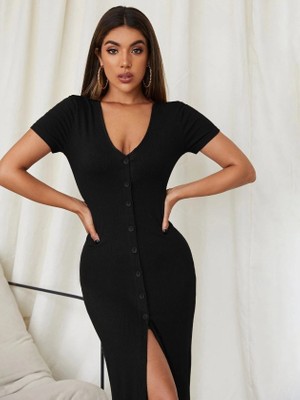 Alyn Wear Kadın Kısa Kollu V Yakalı Önden Düğme Detaylı Uzun Kaşkorse Elbise