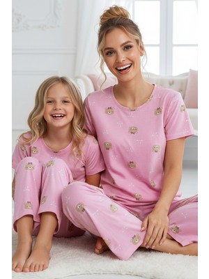 Siyah İnci Pembe Desenli Pamuklu Bisiklet Yaka Örme Pijama Takım